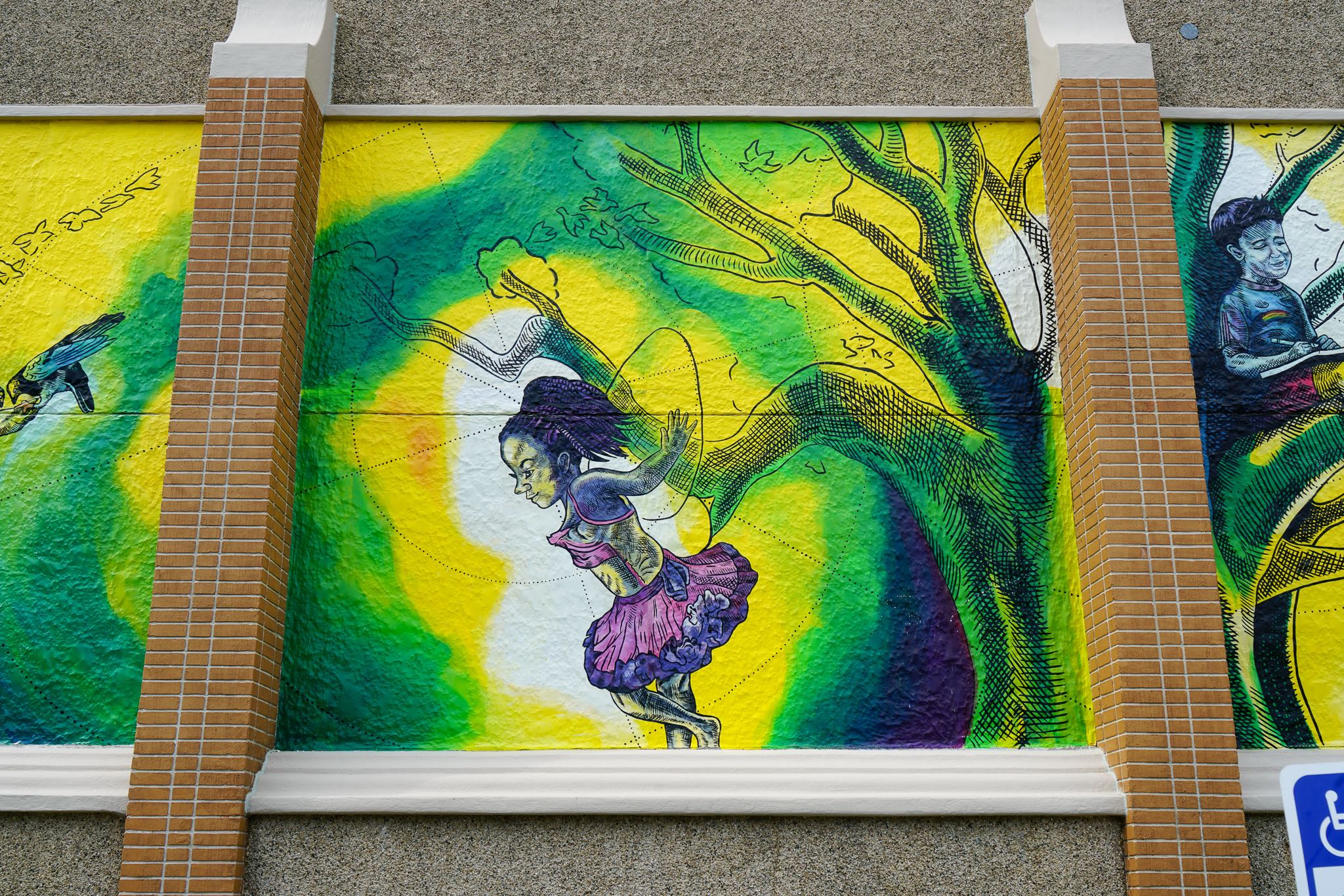 Giant Mural at Lutheran Church with Little Girl Playing