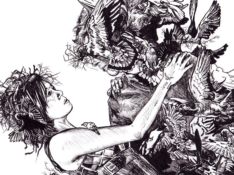 Ink Drawing And Woodcut About Relationships